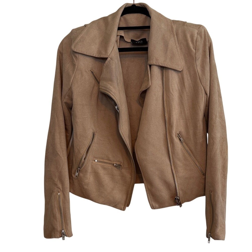 VICI Womens Medium Camel Tan Faux Suede Asymmetrical Zip Biker Moto Jacket